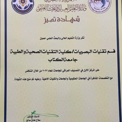 Al-Kitab University Radiology and Optics Departments Clinch first Honors in Iraqi University Rankings